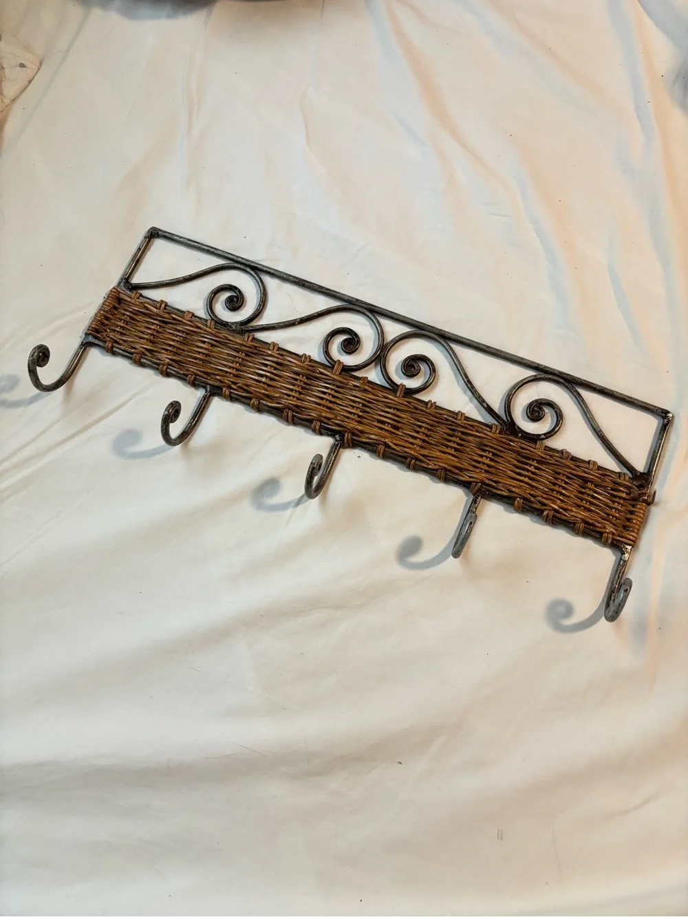 Vintage Metal and Wicker Five Hook Rack Wall Hanger Decor